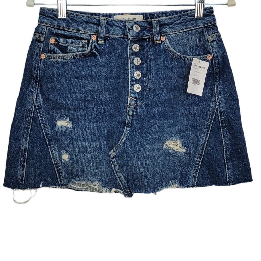 Free People A-Line Denim Distressed Mini Skirt Button Fly Jean Skirt Women US 26 - Picture 7 of 9